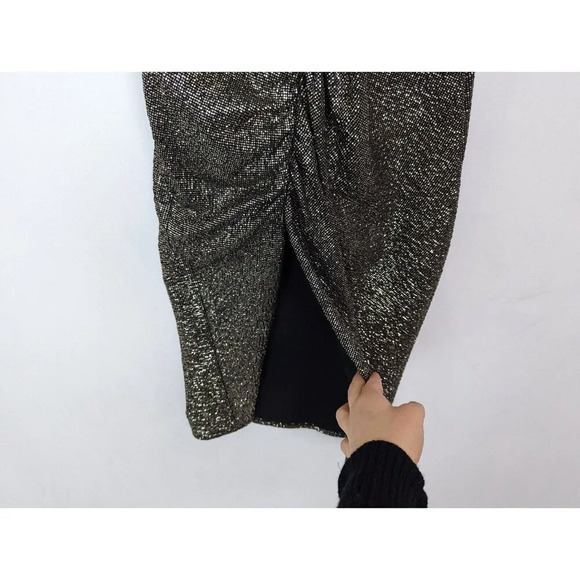 ZARA S Metallic Draped Long Sleeve Dress Runched Gathered Waist Front Slit Bold - Picture 12 of 16